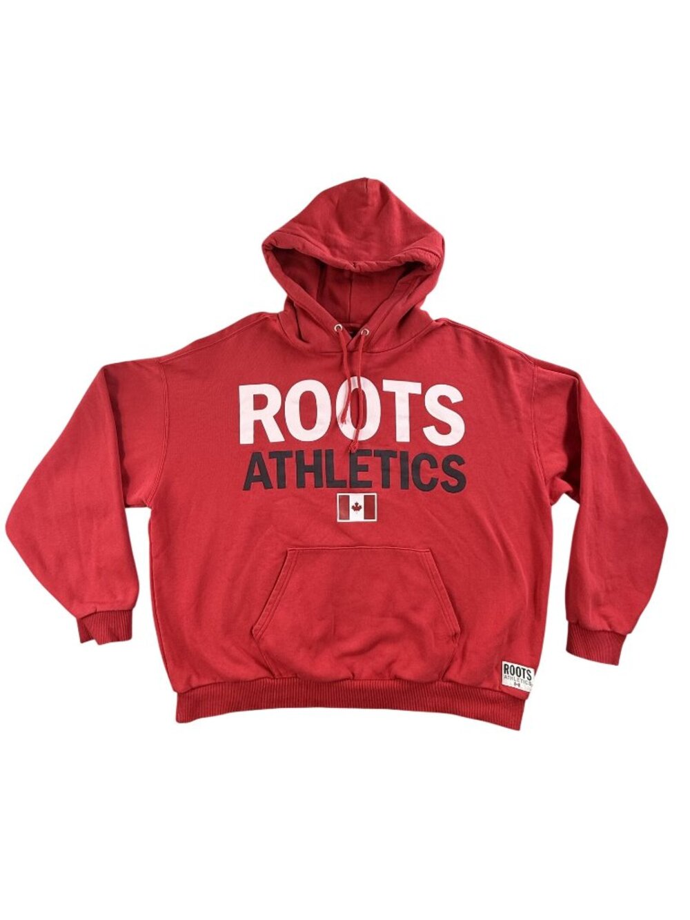 Roots Athletics Hoodie Mens Large Red Fleece Pullover Canada Flag Graphic Cotton